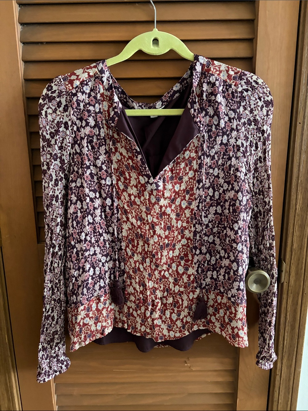 Lucky Brand Mixed Floral V-Neck Blouse in Burgundy and Cream